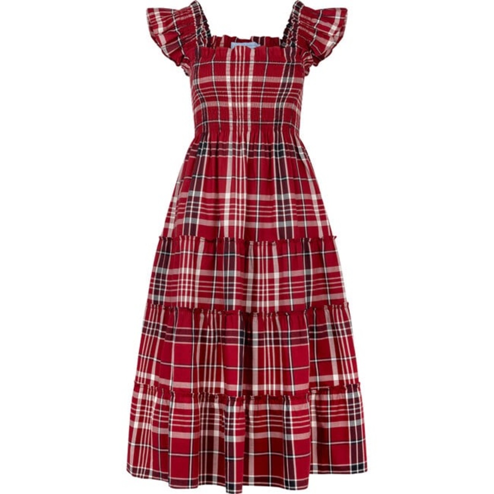 Hill House Red Plaid Tiered Midi Dress